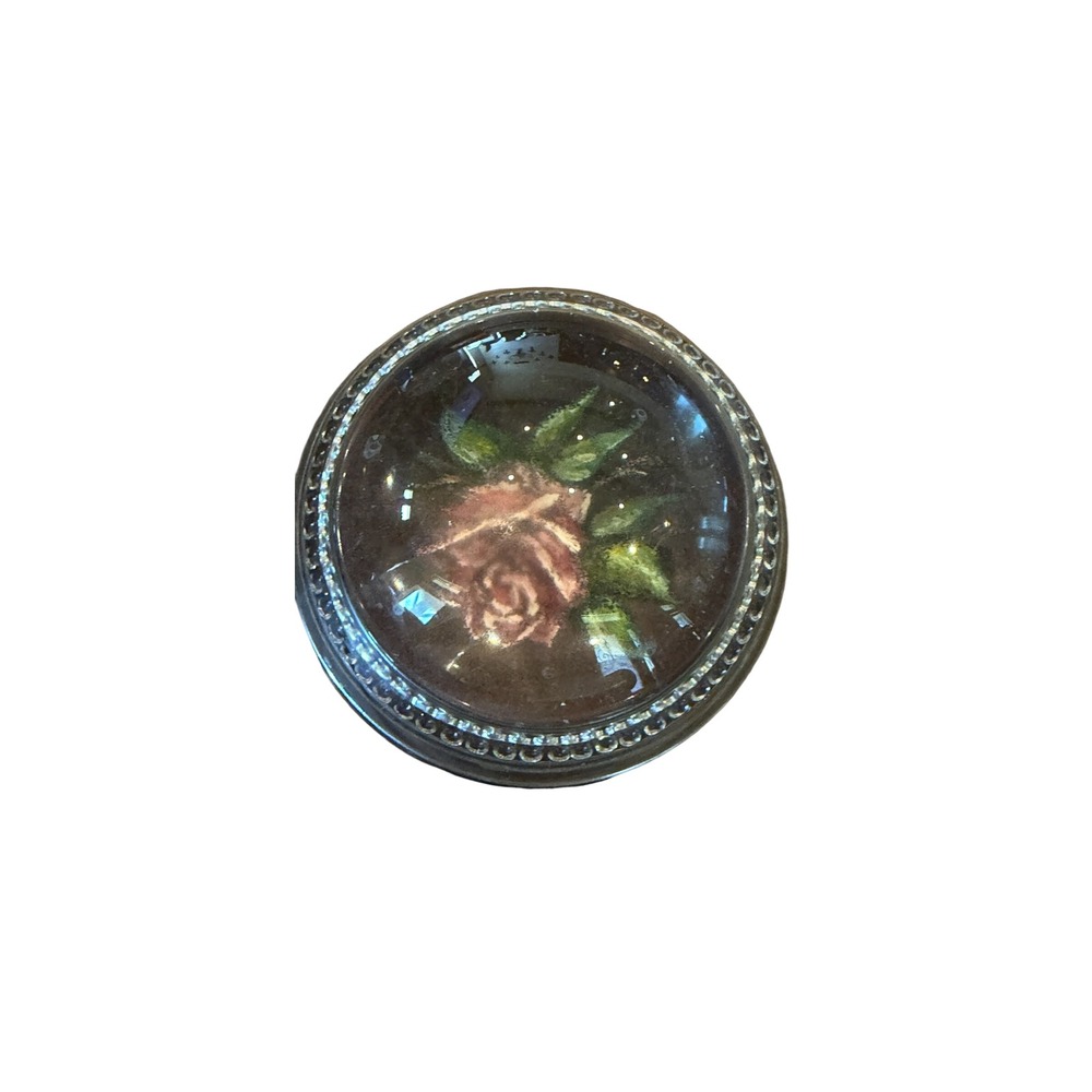 Vintage Glass Dome Paperweight Hand Painted Pink Rose Floral Silver Beaded Rim